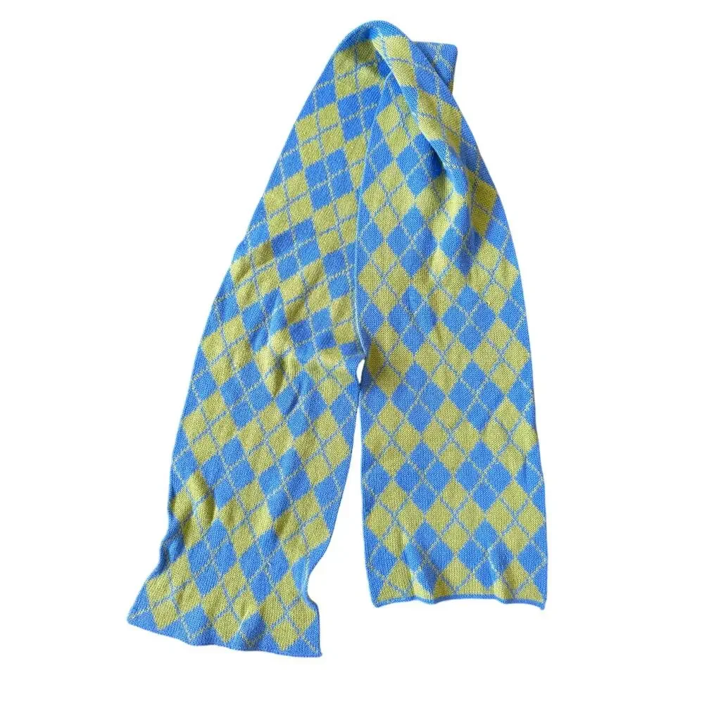 Vintage Y2K Lime Green & Blue Argyle Preppy Plaid Knit Scarf